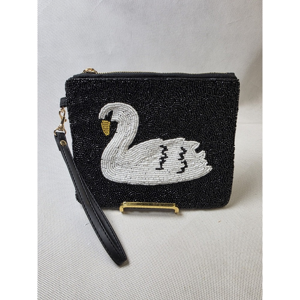 Sincerely Jules SWAN Beaded Wristlet in Crystal/Raven w/tassel zipper pull